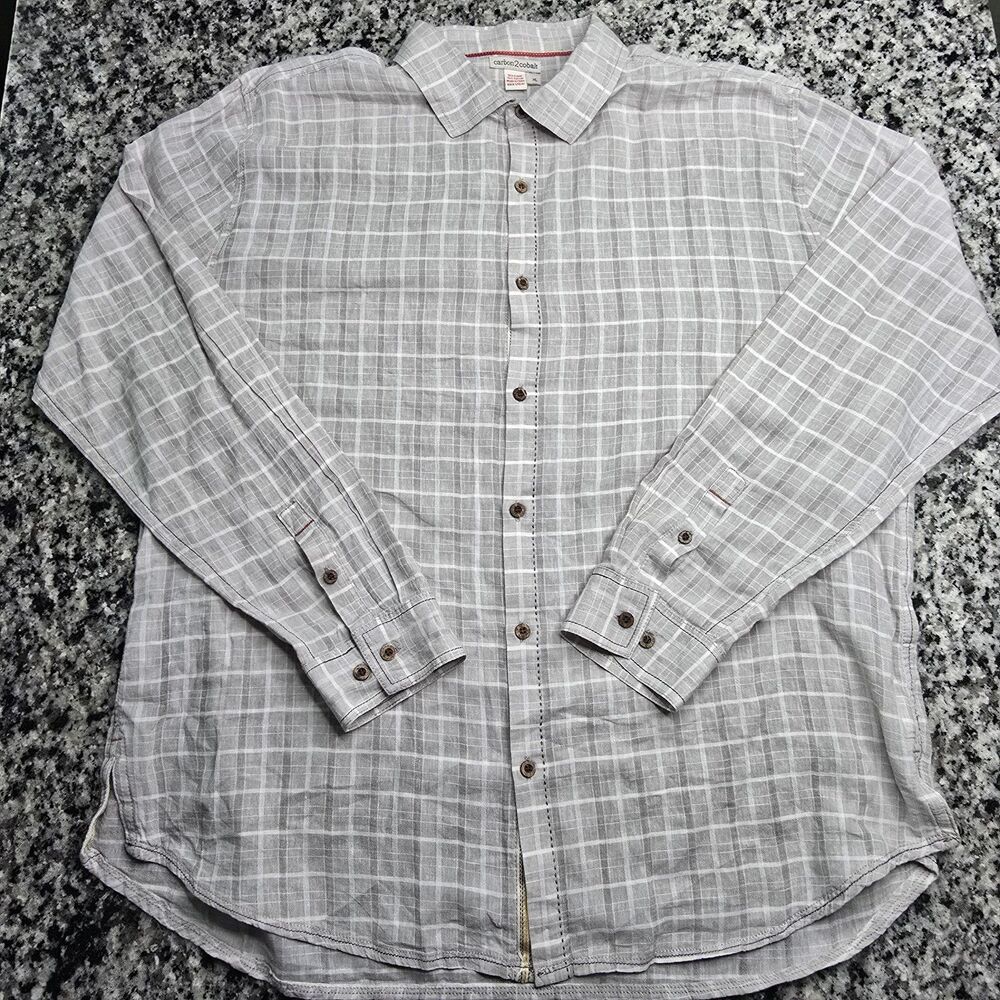 Carbon 2 Cobalt Shirt Mens Large Gray Linen Cotton Plaid Long Sleeve Button Up